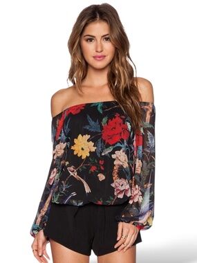 ALICE + OLIVIA Alta Peasant Top in Floral Bird Off Shoulder Lined top Sz M